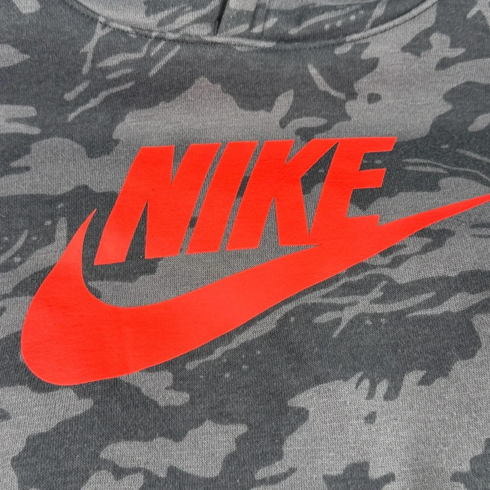 Nike Kids Grey Camo Pullover Hoodie Red Logo Size 5 4-5 Years Sweatshirt